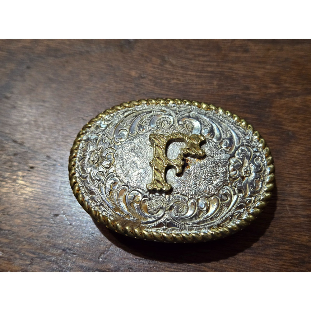 Vintage Crumrine Belt Buckle “F” Initial Monogram Western Oval 2.25" x 1.5"